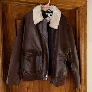 BNWT Brown Faux Leather Bomber Jacket Shearling Collar Large